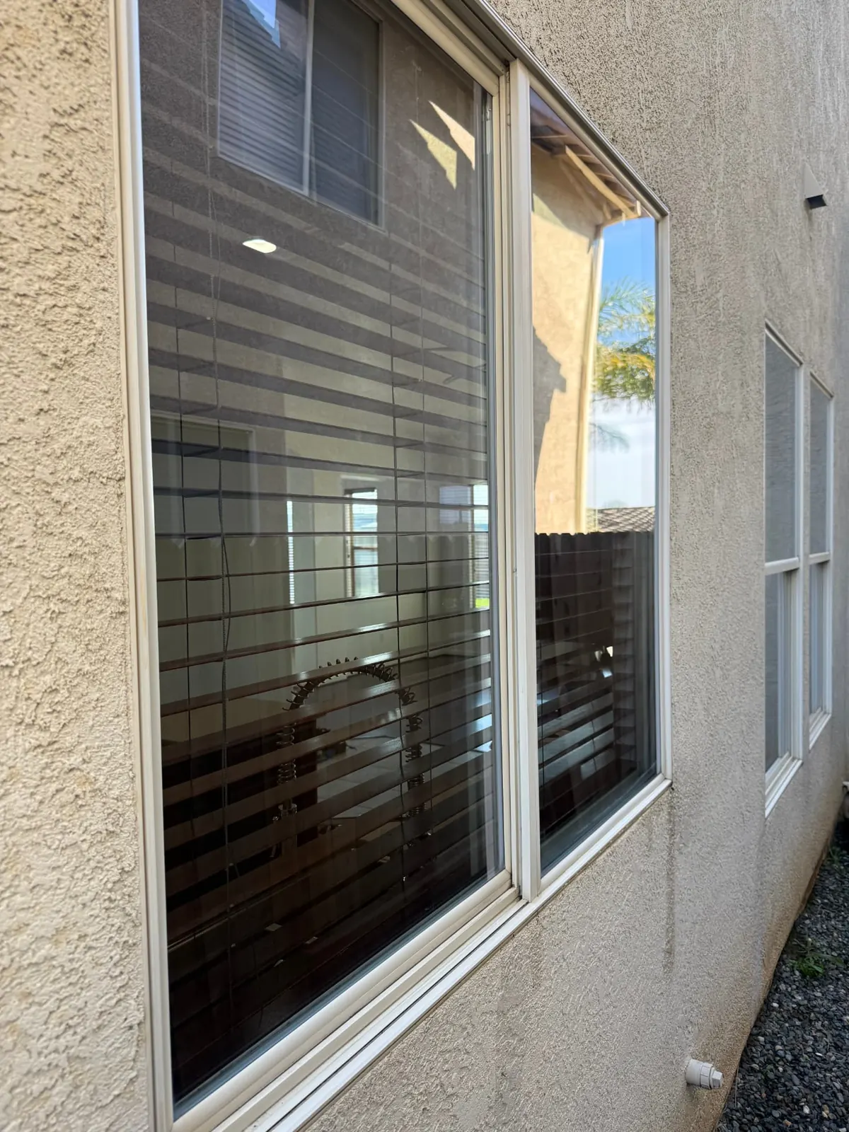 Row of clean exterior windows on a stucco home with blinds visible inside