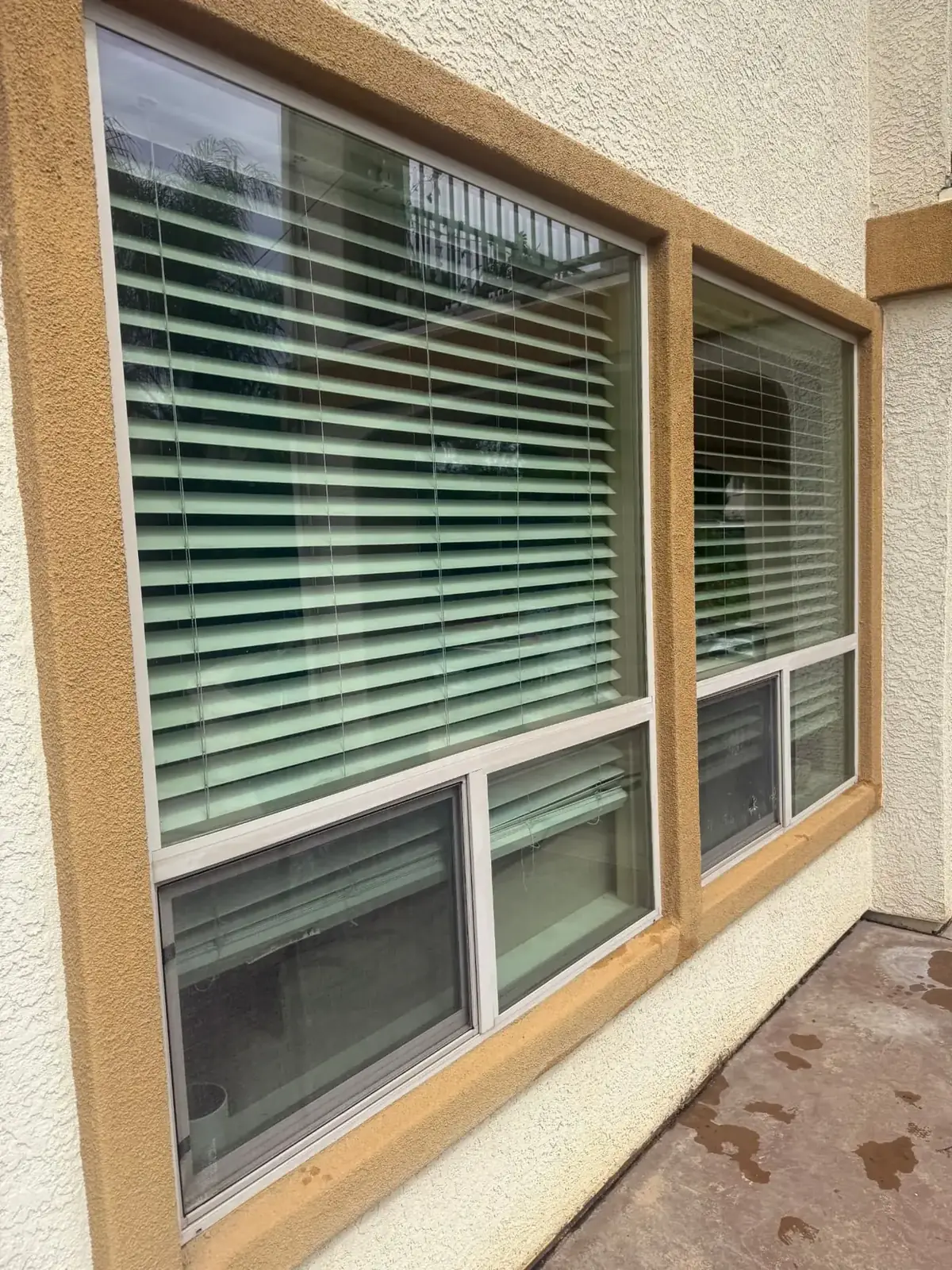 Close-up of clean wood-framed windows on a tan stucco exterior wall