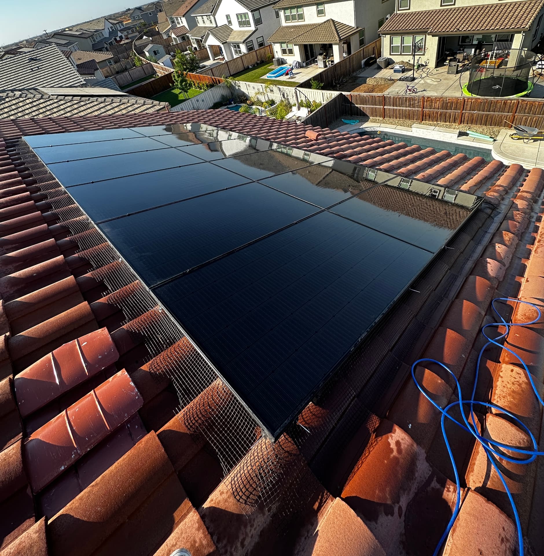 Rooftop solar panels being cleaned with purified water by CSG in Elk Grove, CA